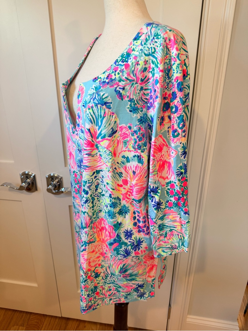 Lilly Pulitzer Aqua Floral Shift Dress with Pink and Blue Accents - Picture 3 of 12